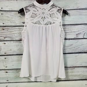 She + Sky White Sleeveless Blouse Medium Lace Yoke Back Keyhole High Neck Top